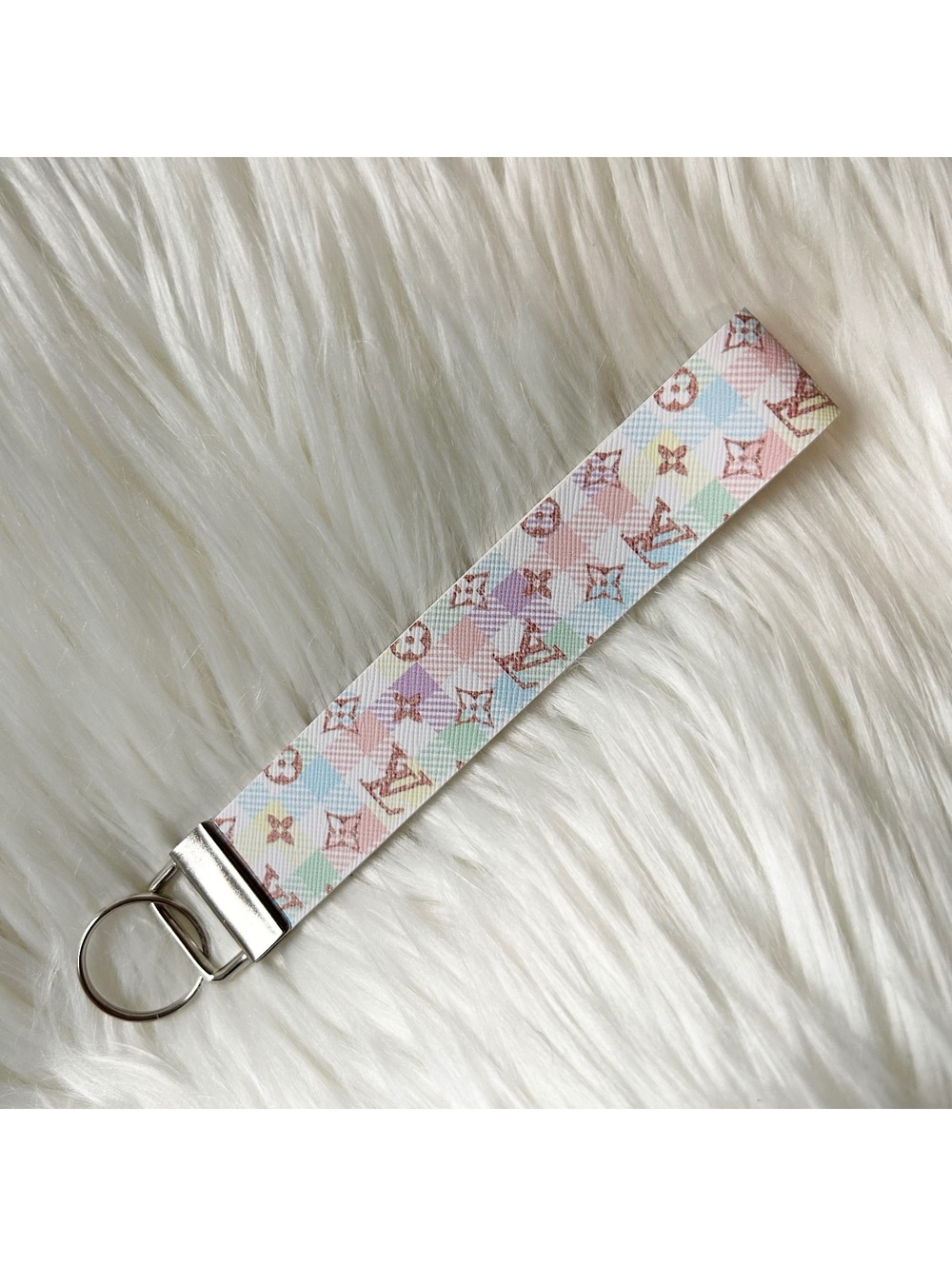 Plaid Logo Pastel Faux Leather Fashion Key Fob Keychains Wristlet